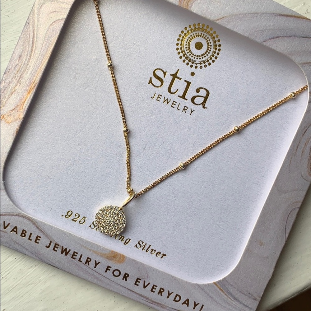 NIB Stia jewelry charm & chain pave disk necklace